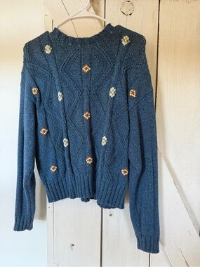 Liz Claiborne Teal Blue Cable Knit Sweater with Cream and Rust Diamond Accents
